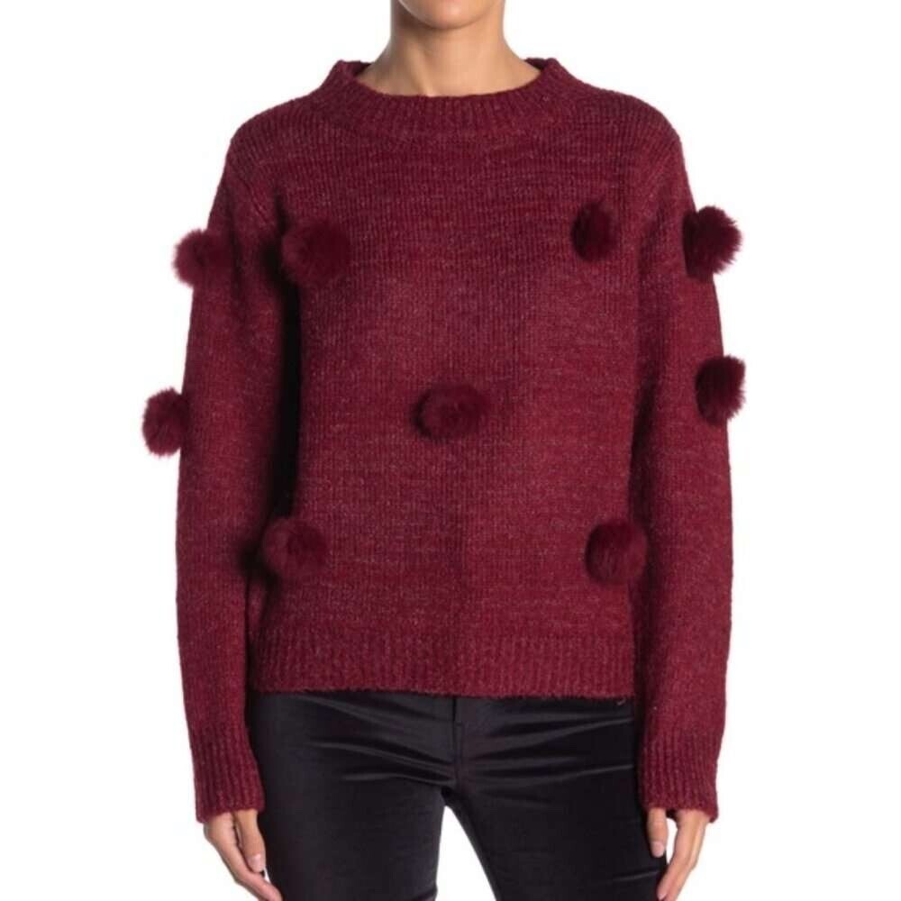 Michelle Nicole Women's Sweater Rabbit Fur Pom Long Sleeve Crewneck Red Size M